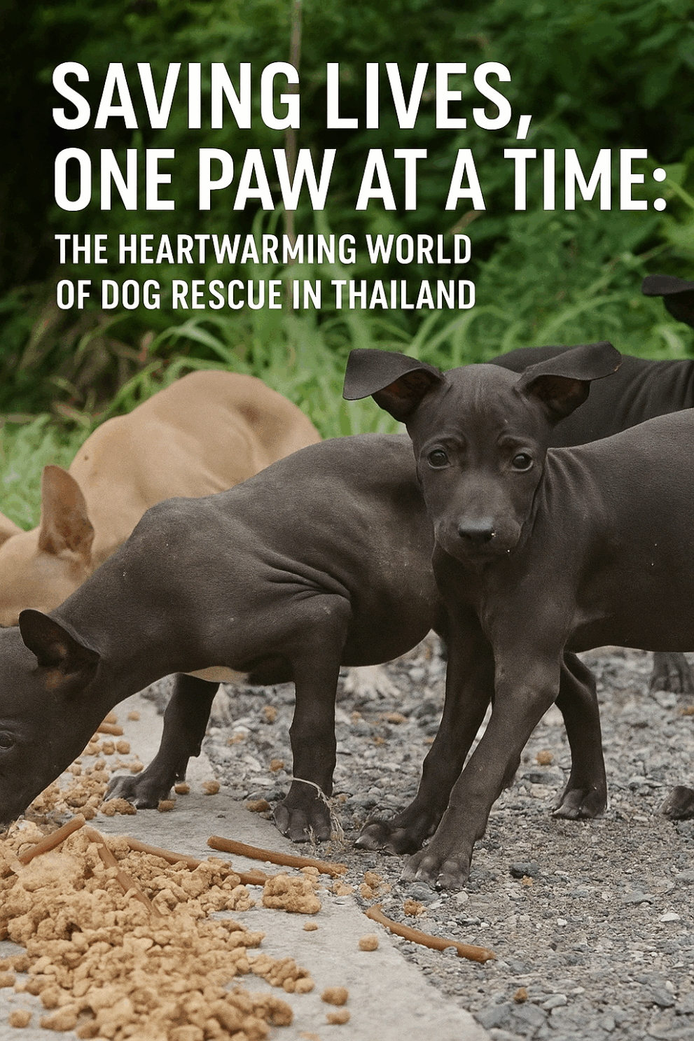 A vertical shot shows a group of small, black and tan puppies eating dry food scattered on a concrete path. One black puppy with large, pointed ears looks directly at the camera. Above the puppies, a bold white text overlay reads "SAVING LIVES, ONE PAW AT A TIME: THE HEARTWARMING WORLD OF DOG RESCUE IN THAILAND." Green foliage is visible in the background.